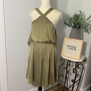 Guess Los Angeles Olive Green Satin Cold Shoulder Dress Size M Party Cocktail